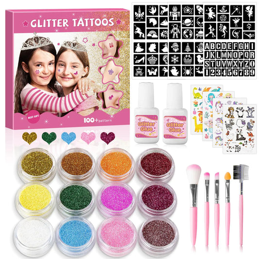 Temporary Glitter Tattoo Kit for Kid12 Color Glitter Tattoos92 Stencils 4 Sheets Temporary Tattoos2 Glues5 Brushes Adults & Kids Arts Glitter Make Up KitBeautiful Holiday Gifts for Girls&Boys.